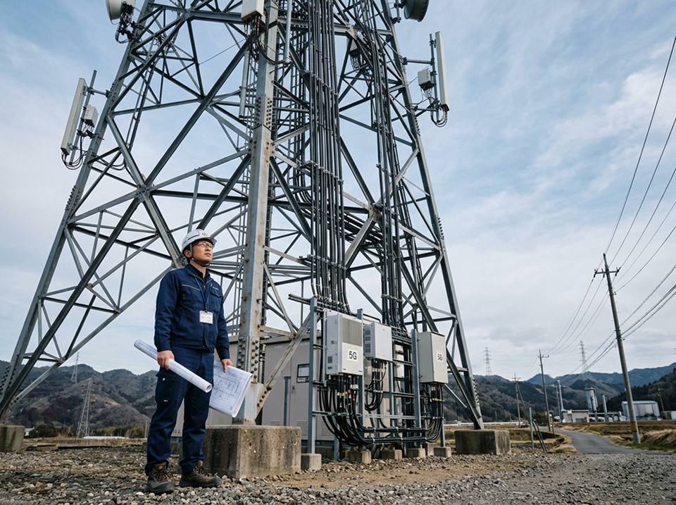 携帯電話基地局の鉄塔と技術者
