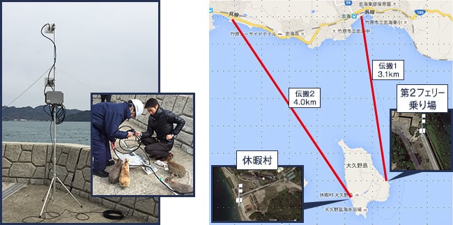 瀬戸内海大久野島（ウサギ島）との海上4km無線伝送で観光Wi-Fi試験。離島までの中継と広域Wi-Fiエリア化を同時実現
